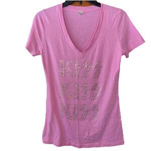 KISS Jeweled Sequin Pink Band T-Shirt V Neck Large